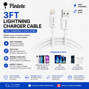 Pintote 3FT Lightning Charger Cable with fast charging and data sync support for iPhone 14, 13, 12, 11 Series, XR, XS Max, X, iPad and iPod devices.