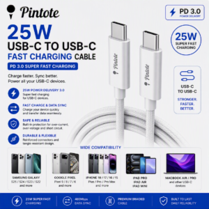 Pintote USB-C to USB-C Fast Charging Cable supporting 25W PD 3.0 Super Fast Charging for Samsung Galaxy, Google Pixel, iPhone 18, 17, 16, 15 Series, iPad Pro and MacBook Air.