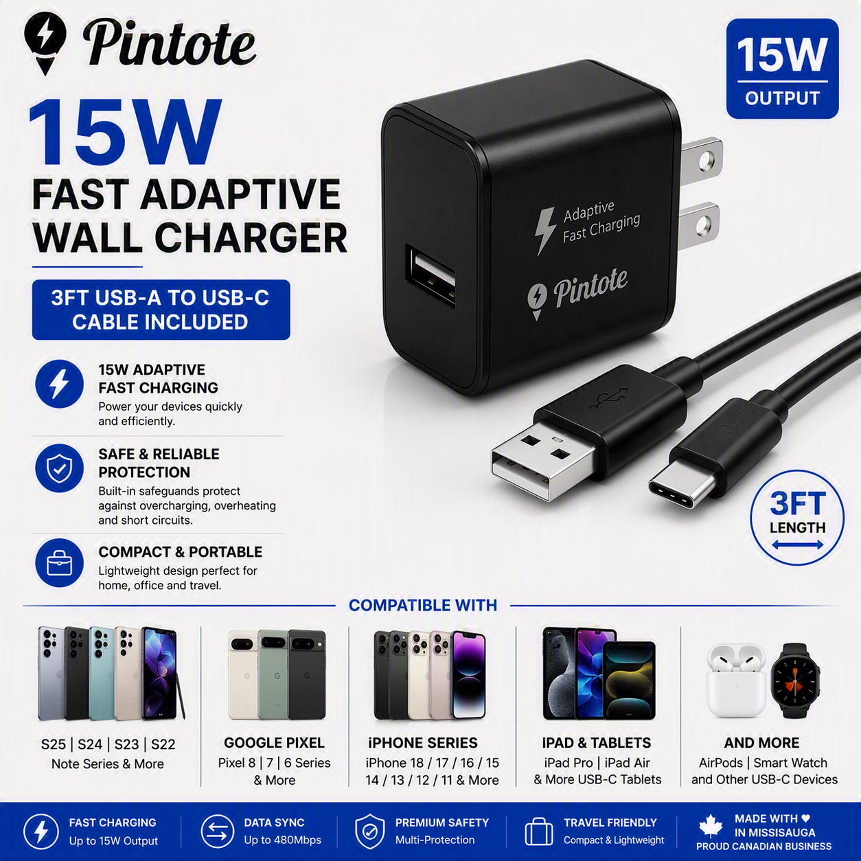 Pintote 15W Fast Adaptive Wall Charger with 3FT USB-A to USB-C charging cable compatible with Samsung Galaxy S25, S24, S23, S22 Series, Google Pixel and USB-C devices.