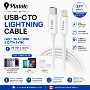 USB-C to Lightning fast charging cable for iPhone, iPad and AirPods with PD charging and data sync support.