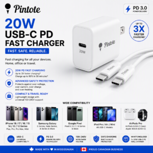 Pintote 20W USB-C PD Fast Charger Block, Power Delivery 3.0 Wall Adapter for iPhone 18, 17, 16, 15, 14, 13 & 12 Series, iPad, AirPods Pro, Samsung Galaxy & Google Pixel