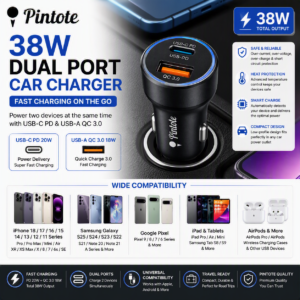 Pintote 38W Dual Port Car Charger with USB-C Power Delivery and Quick Charge 3.0 fast charging, compatible with iPhone 18, Samsung Galaxy S25, Google Pixel, iPad and AirPods.