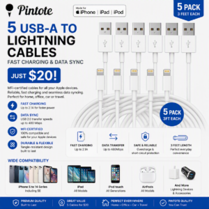 Pintote 5-Pack Lightning Charging Cables 3FT, Fast Charge & Data Sync Cord Compatible with iPhone 14/13/12/11, XR, XS Max, X, 8, 7, 6s, SE, iPad & iPod, White