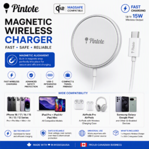 Pintote Magnetic Wireless Charger compatible with iPhone 18, 17, 16, 15, 14, 13 and 12 Series, AirPods Pro, AirPods and Qi wireless charging devices.