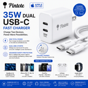 Pintote 35W Dual USB-C Fast Charger with dual charging ports and USB-C cable, compatible with MacBook Air, iPhone 18, iPhone 17, iPhone 16, iPhone 15 Series, iPad Pro, iPad Air, AirPods and Apple Watch.