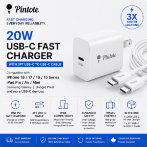 Pintote 20W USB-C Fast Charger with 3FT USB-C Cable for iPhone 18, 17, 16 and 15 Series, iPad Pro, Air and Mini.