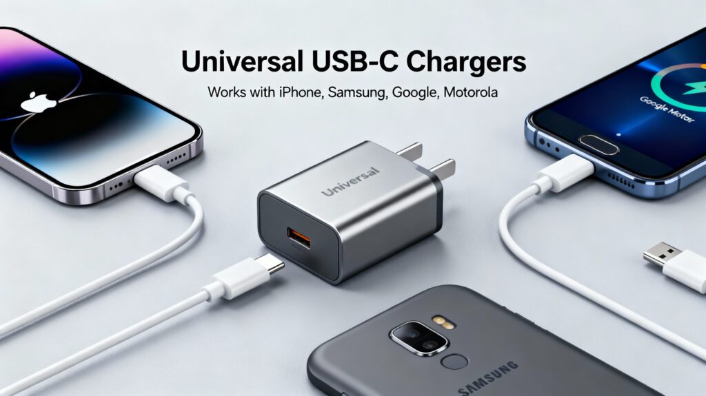 Universal USB-C chargers displayed with an iPhone and a Samsung phone, showcasing their compatibility with various devices.