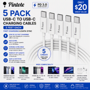 Pintote 5-Pack USB-C to USB-C fast charging cables 3FT supporting 25W PD 3.0 charging for Samsung Galaxy, Google Pixel, iPhone 18, 17, 16, 15, iPad Pro and MacBook Air.